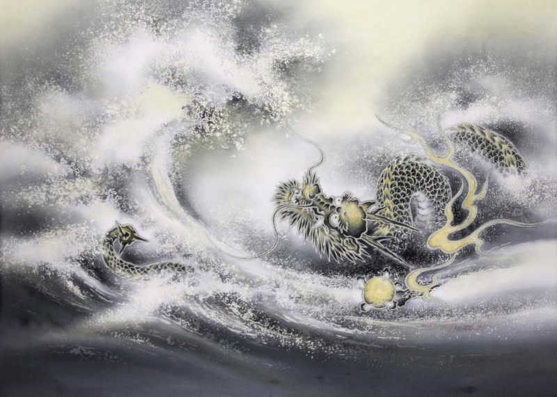 染色画　龍　「波濤龍」